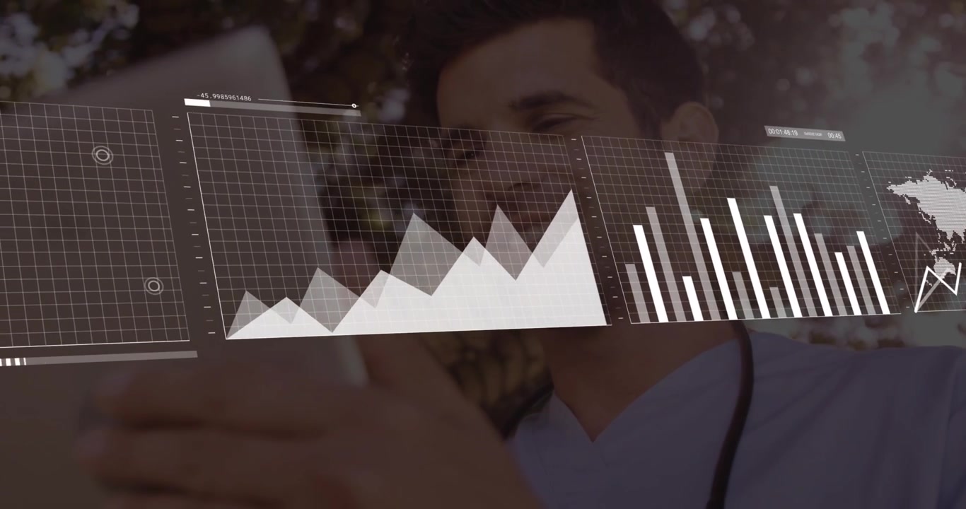 Doctor swiping tablet in shade, animating line, area, bar charts, world map for health analysis