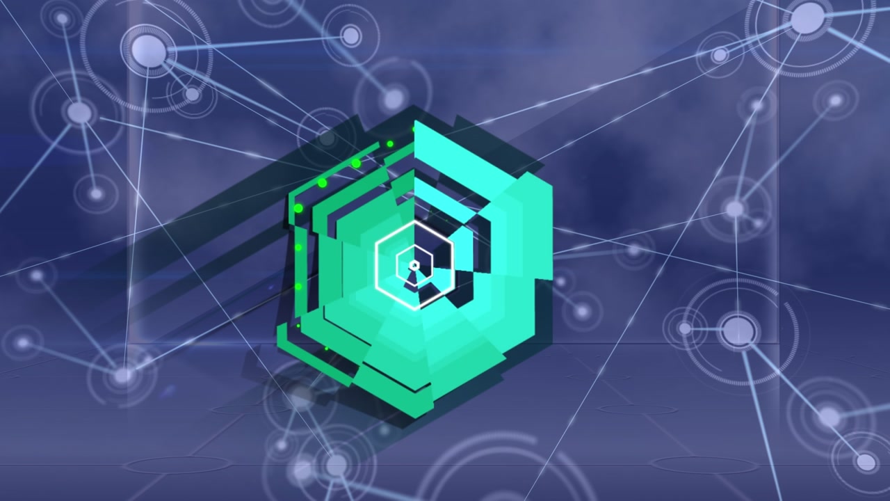 Animation of green shapes over network of connections on black background