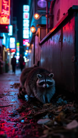 raccoon in a neon-lit urban alley at night
