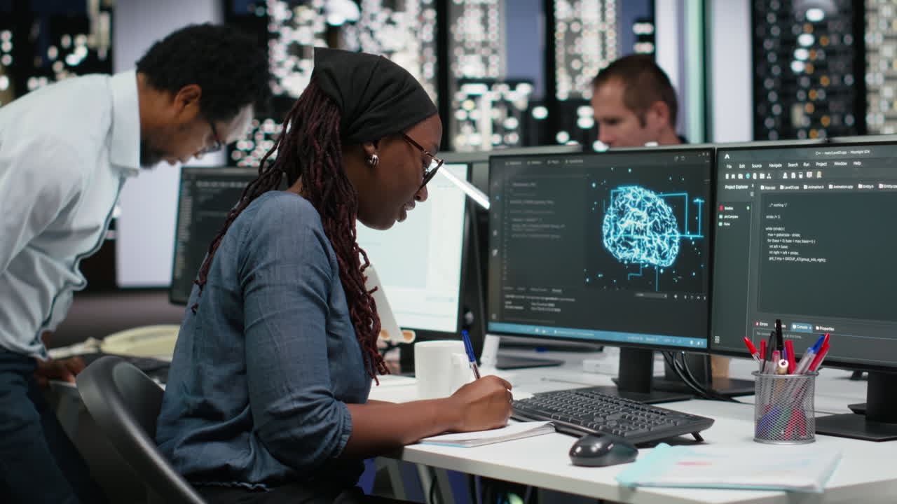 African American Woman Developer Working on Code in Modern Office