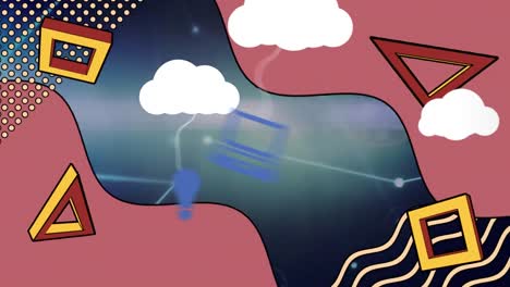 formas abstractas e iconos de nubes contra la red de conexiones contra un fondo verde