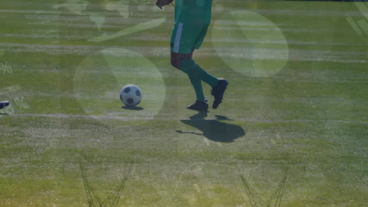 축구를 하는 남성 축구 선수 두 팀에 대한 통계 데이터 처리의 애니메이션