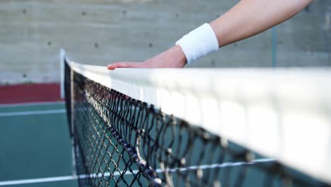 sportswoman touching net