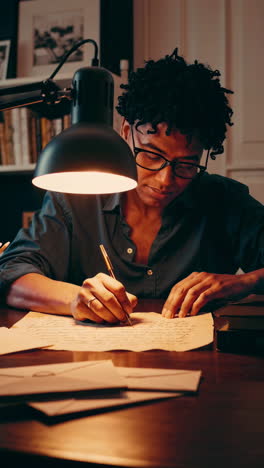 una mujer escribiendo una carta por la noche.