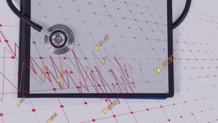 Animation of data processing against close up of a stethoscope and blank paper