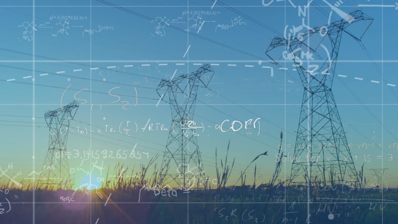 수학적 방정식과 공식 태양이 지는 동안 전력선 위의 애니메이션