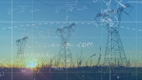 mathematical equations and formulas animation over power lines at sunset