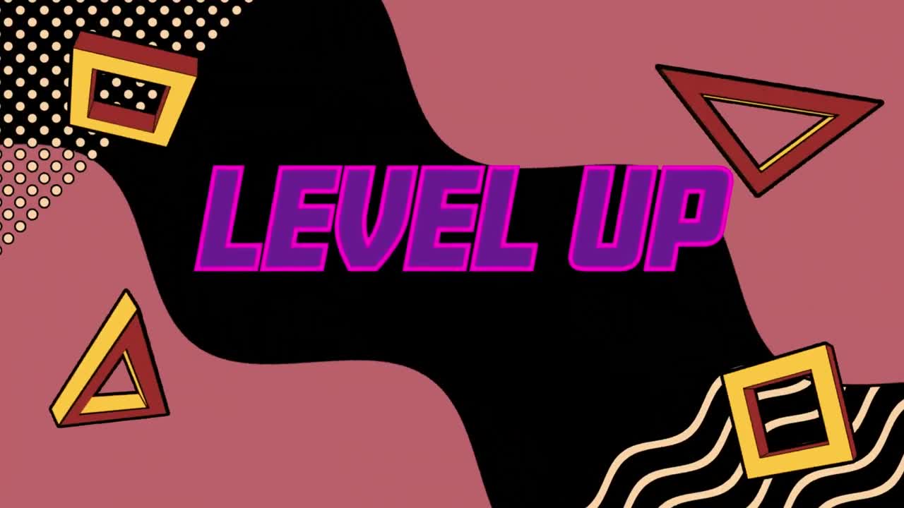 Animation of level up text over shapes on black background