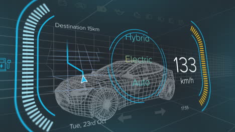 Animation-of-speedometer-and-power-level-over-car-project-on-black-background