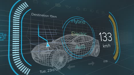 animación del velocímetro y el nivel de potencia sobre el proyecto del automóvil sobre fondo negro