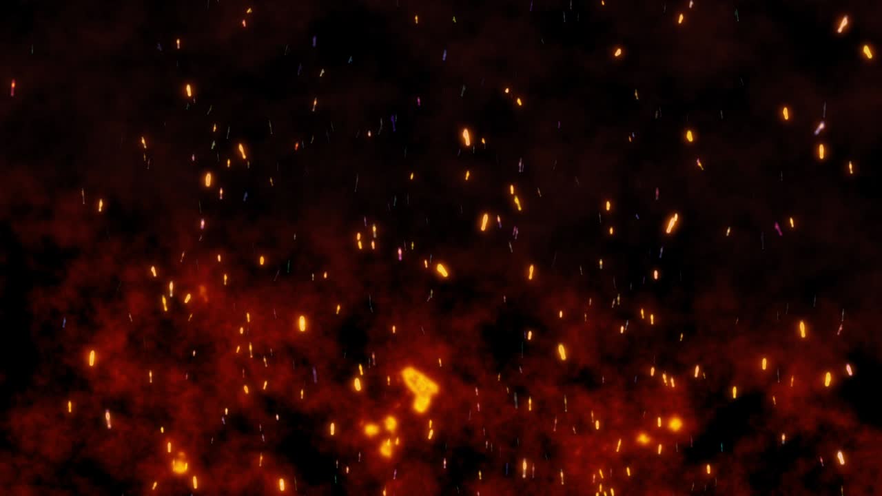 Burning red hot flying sparks fire in the night sky. Beautiful abstract fiery orange glowing flying on black background in 4k.