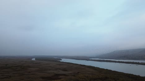 Luftaufnahme-Eines-Großen-Vogelschwarms,-Der-An-Einem-Kalten-Morgen-über-Einem-Fluss-Tanzt