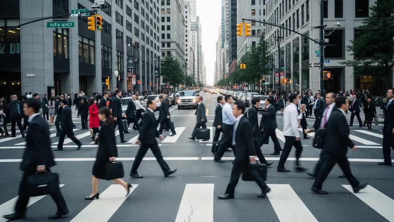 A bustling city street filled with professionals in business attire crossing at an intersection showcases the fast-paced urban lifestyle and daily routine of workers in a metropolitan environment