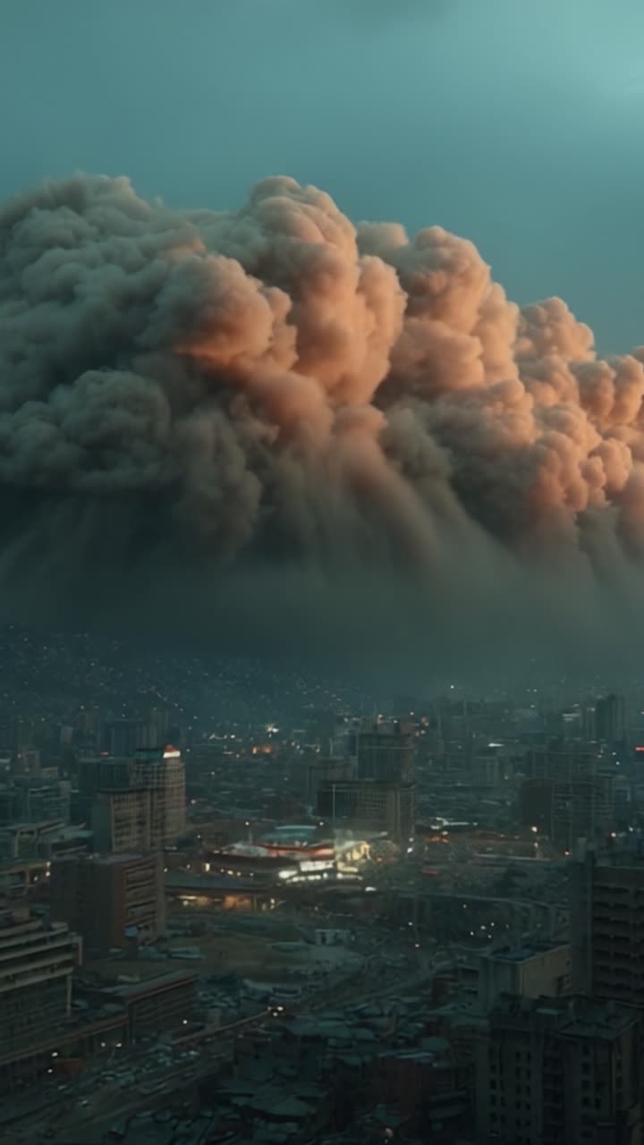 Una massiccia tempesta di polvere incombe minacciosamente su un vasto paesaggio urbano, proiettando un bagliore arancione inquietante mentre inghiotte edifici e strade nel suo abbraccio turbolento