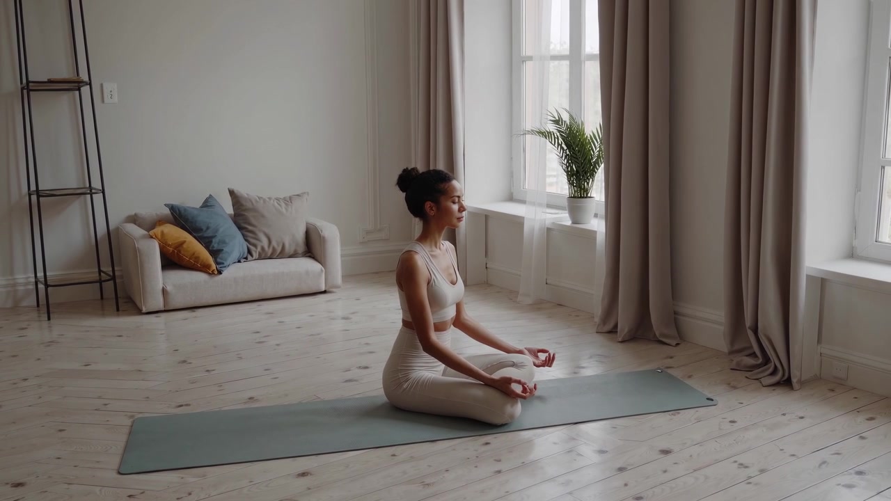 Donna serena che medita su un tappetino da yoga in una casa moderna
