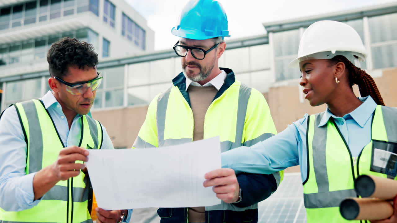 Construction Team Discussing Project Blueprint on Site