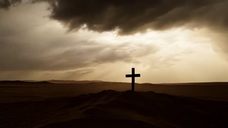 wooden cross stands on a sand dune as dark clouds gather ominously overhead, creating a dramatic and spiritual scene