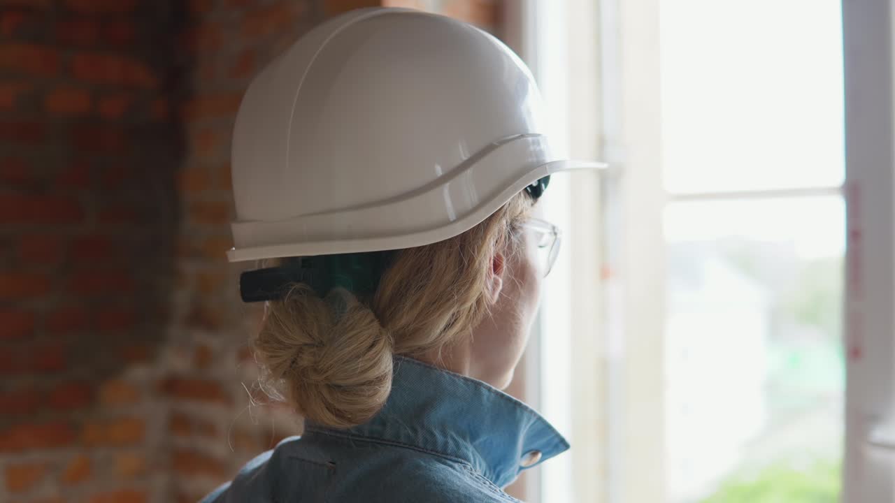 A female architect stands with her back to the camera and looks out the window at the construction site. Woman builder adjusts protective helmet on her head