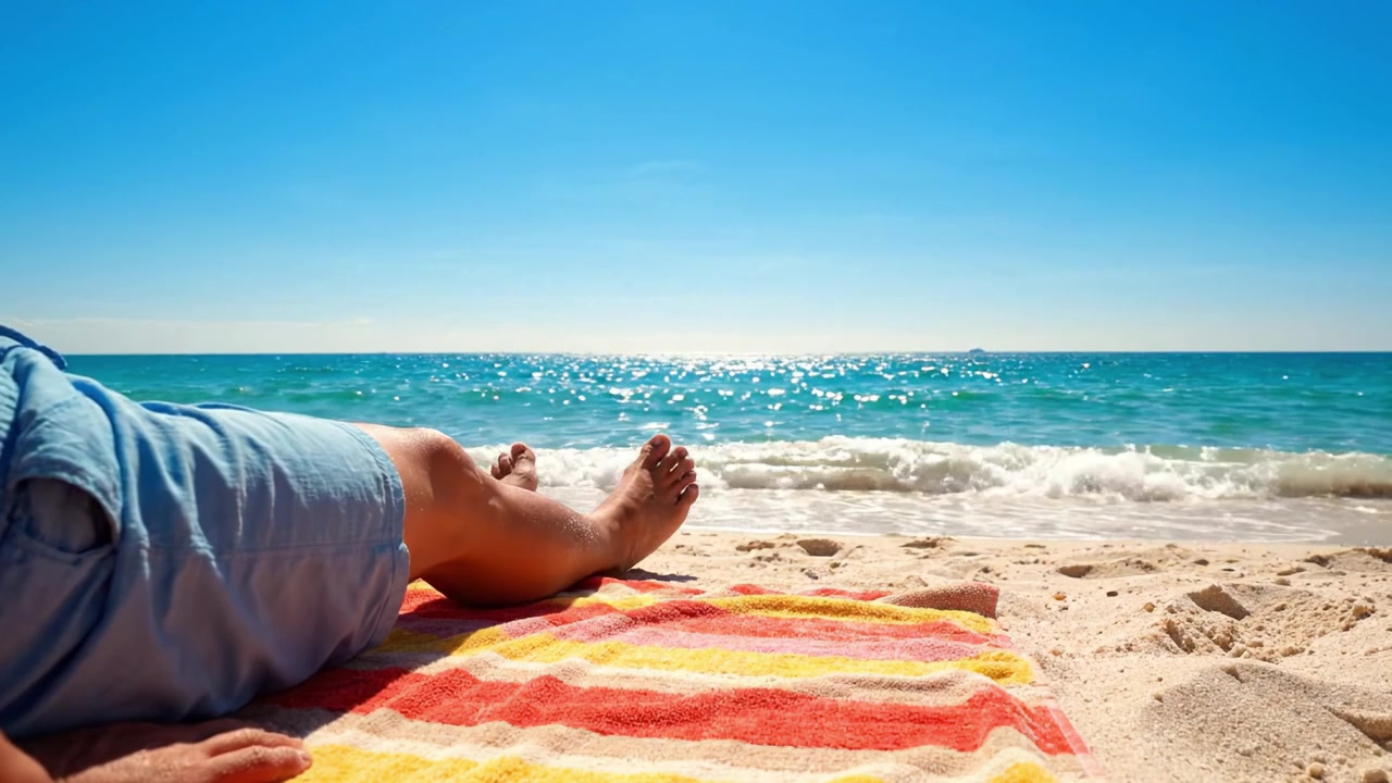 Relajándose en la orilla: una tranquila escena de playa con olas iluminadas por el sol y arena suave, perfecta para un día de ocio bajo un cielo azul claro.