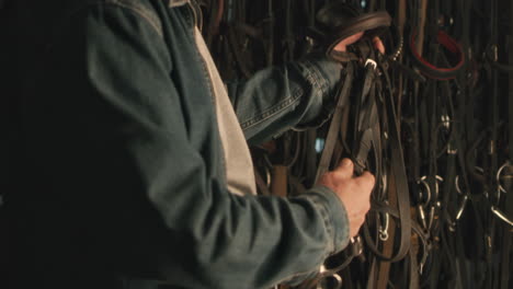 person examining horse tack in a stable