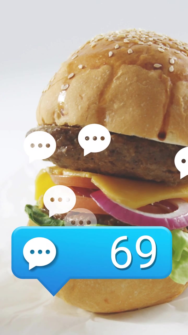 Vertical video: Blue bubble popping counting up as burger entering chat icons floating showing buzz