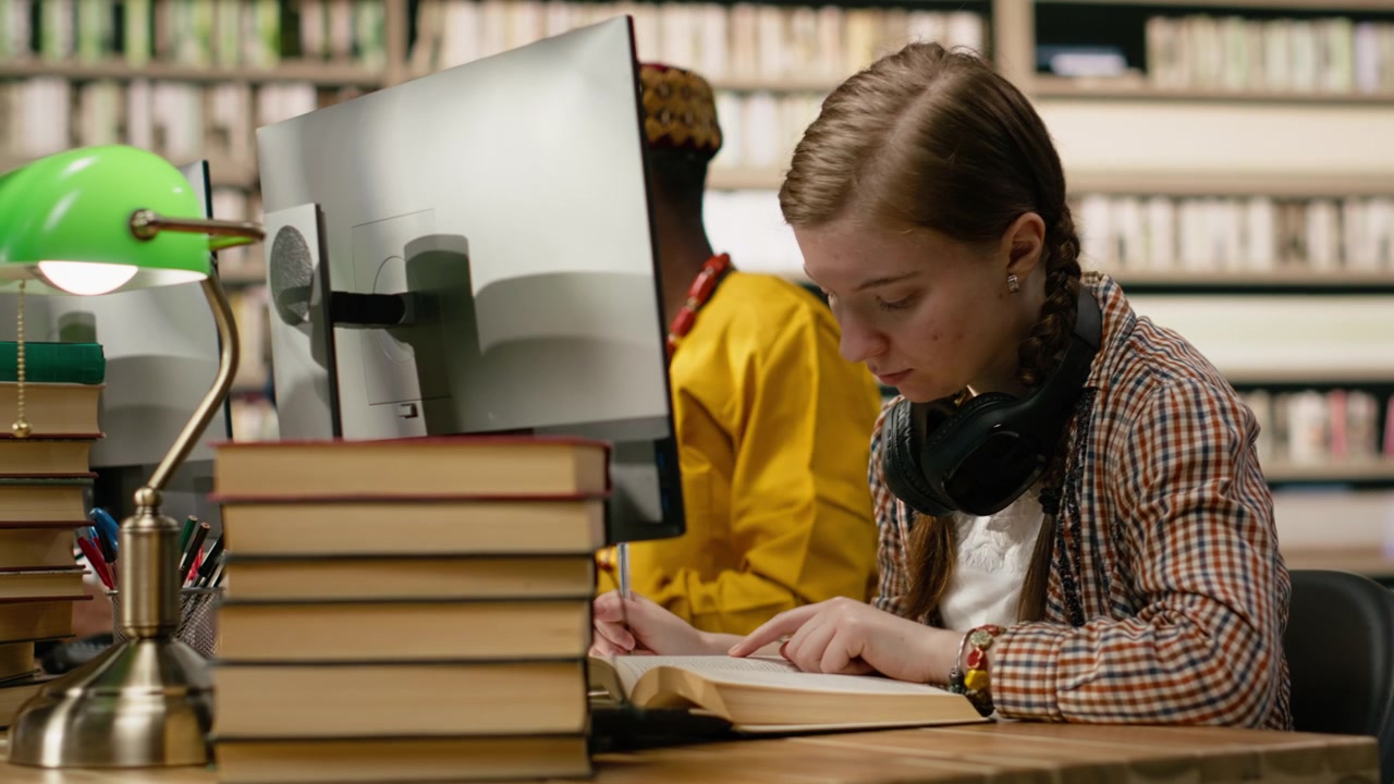 Student leser nøye i en åpen bok ved et trebord på biblioteket