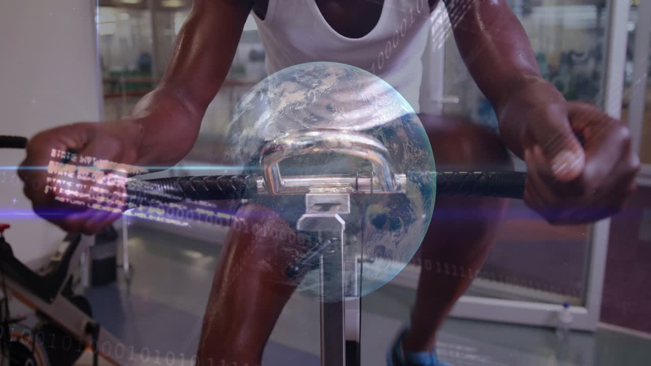 Male athlete gripping handle, pulling strokes while globe and tickers visualizing finance metrics