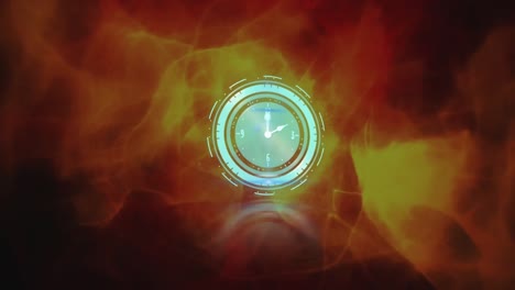 animación del reloj sobre ondas naranjas en fondo oscuro