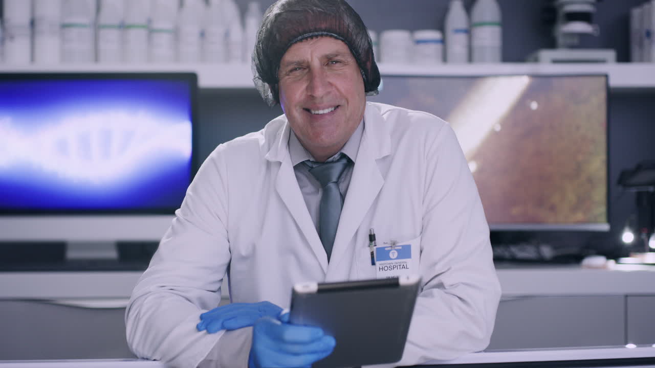 científico de laboratorio escribiendo en una tableta