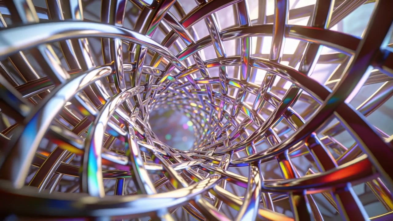 Starting camera moving forward through woven chrome lattice in studio, revealing rainbow highlights