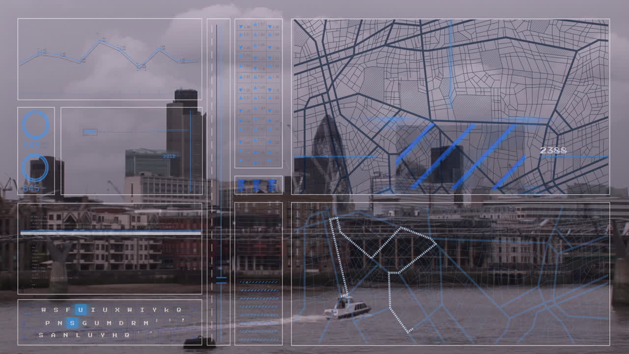 animación de la interfaz con el procesamiento de datos frente a una vista aérea del mar y el paisaje urbano