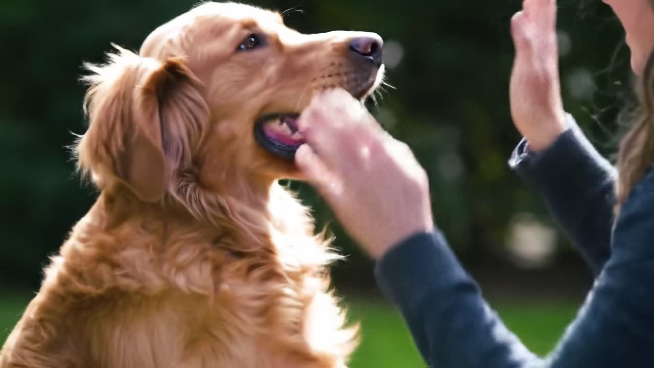 A golden retriever engages in cheerful interactions with its owner at a lush park. The pup displays happy expressions while being stroked under the clear sky.