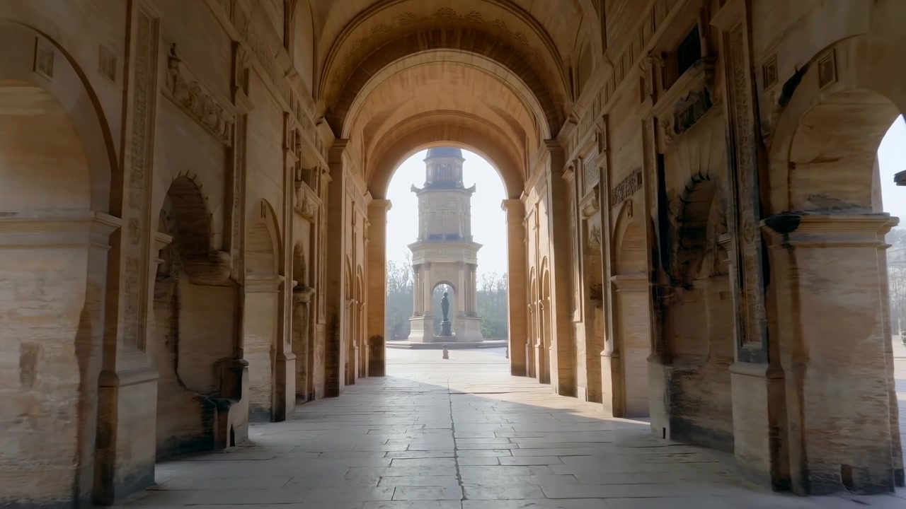 Un lento movimento in avanti segue il percorso in pietra sotto alte arcate a volta, mentre la calda luce del giorno entra dal cortile e una torre centrale con una statua scura rimane allineata nell'apertura.