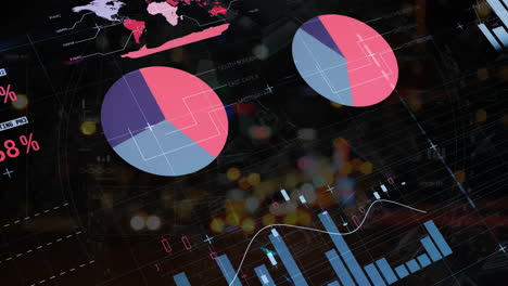 animation of financial data processing over city lights and dark background