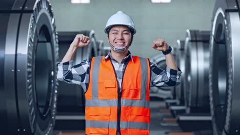 ingeniero feliz celebrando el éxito en una fábrica