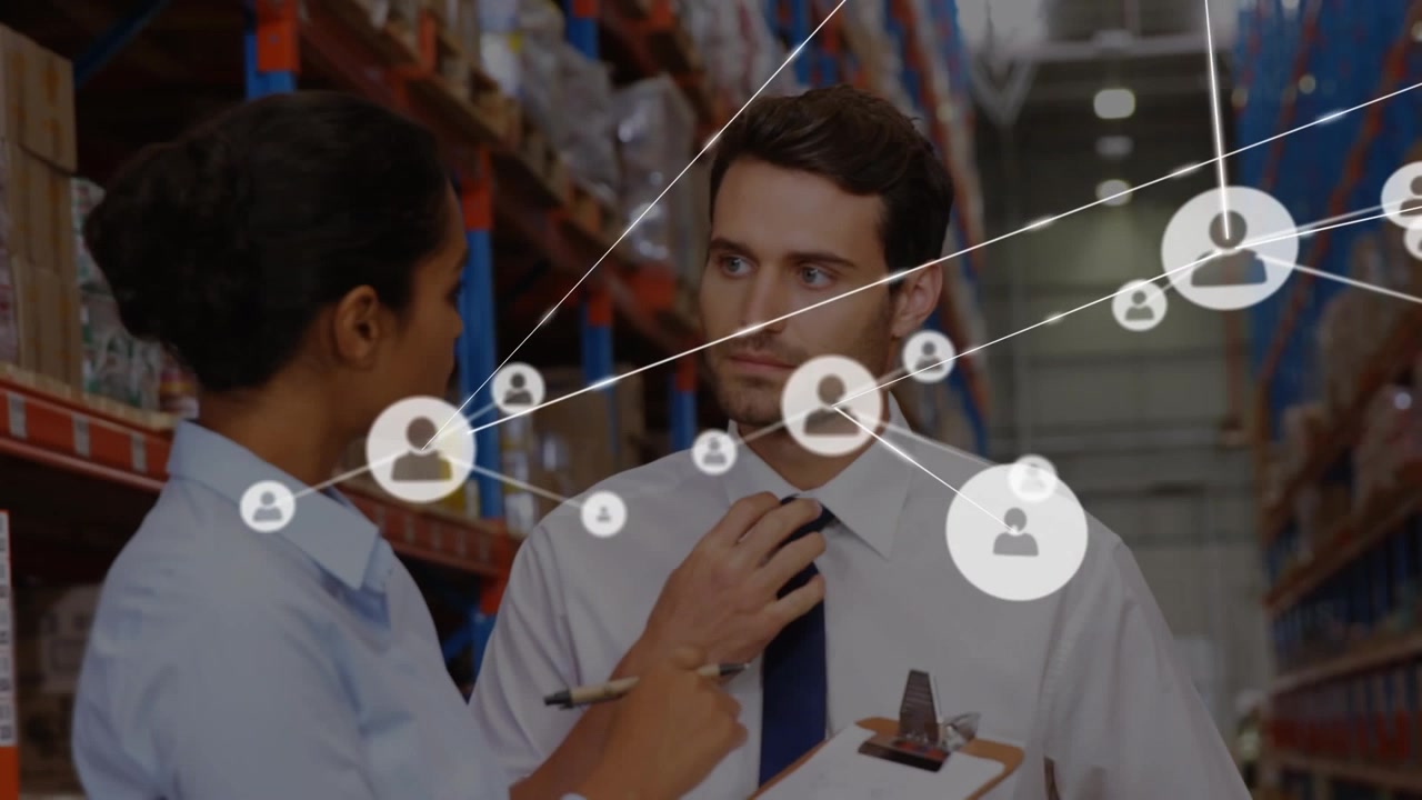 Animation of network of connections over diverse workers in warehouse