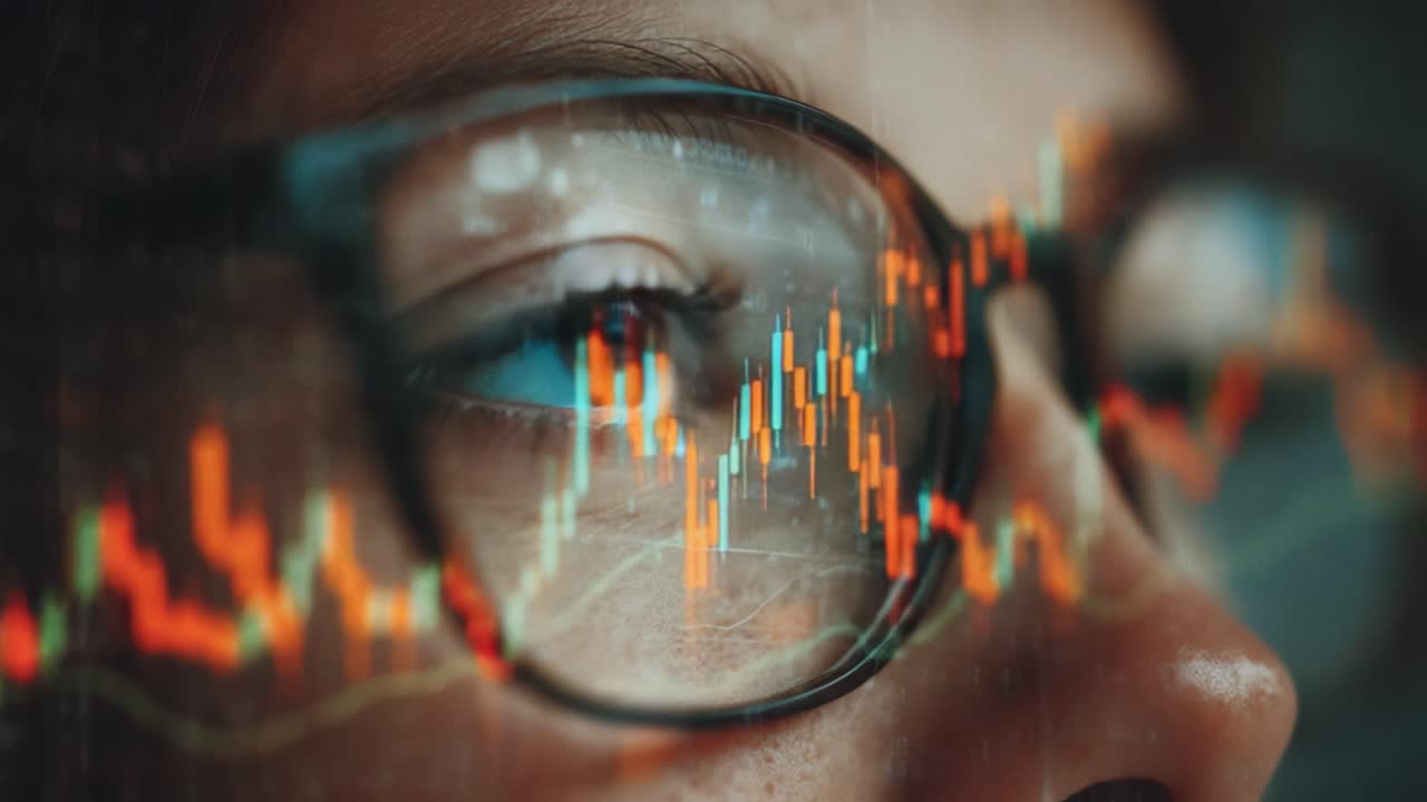 A close-up view of an individual's eye reflecting stock market trends, highlighting the intersection of human observation and financial analysis in a modern digital landscape