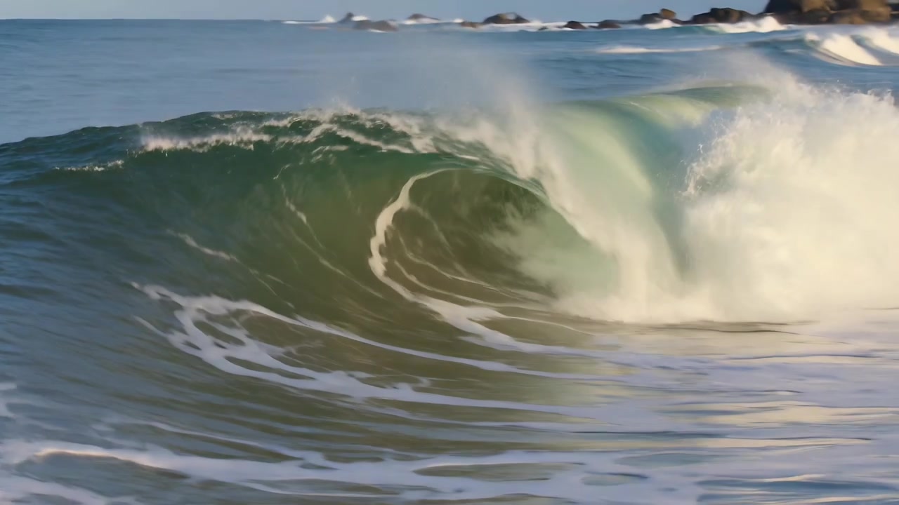 Breaking large ocean wave pushing into shallow rocky reef near shore, forming curling barrel foam