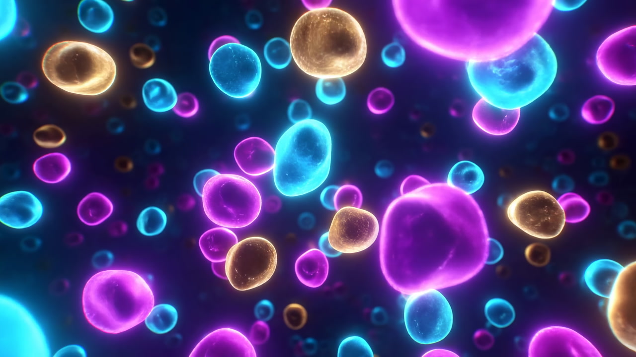 Colorful Neon Bubbles Drifting In Space, Macro Particles With Magenta Cyan And Gold Hues, Soft Glow And Bokeh