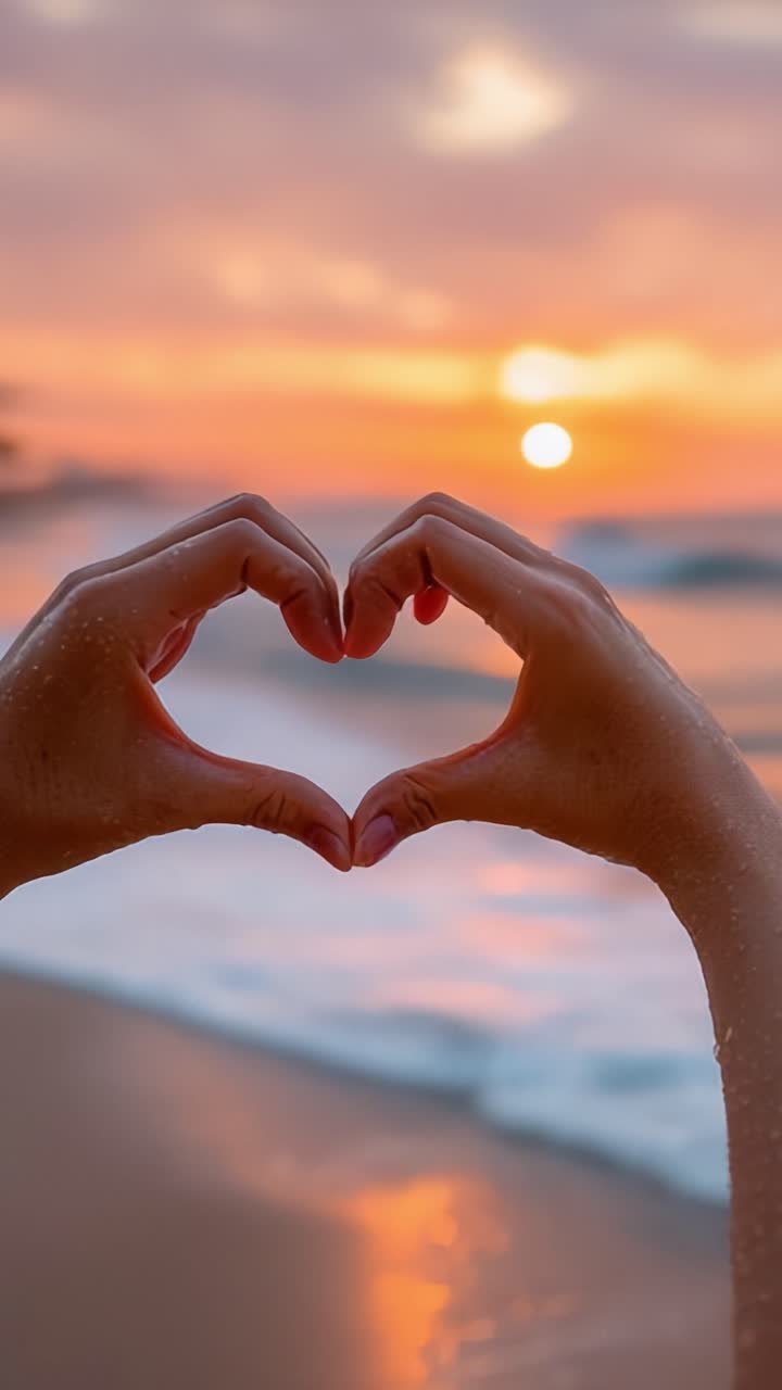 Un gesto romantico catturato sullo sfondo di un bellissimo tramonto in spiaggia, che simboleggia amore e connessione attraverso mani a forma di cuore che incorniciano l'orizzonte dorato.