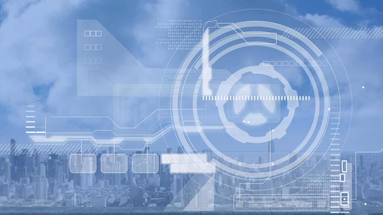 도시 풍경 위의 금융 데이터 처리 애니메이션