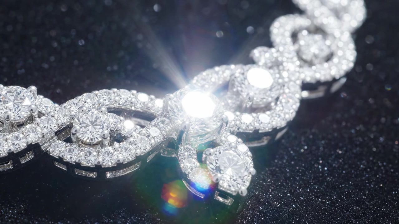 Design intricato di una collana di diamanti scintillante che esibisce eleganza e lusso su uno sfondo scuro, perfetta per celebrazioni e occasioni speciali.