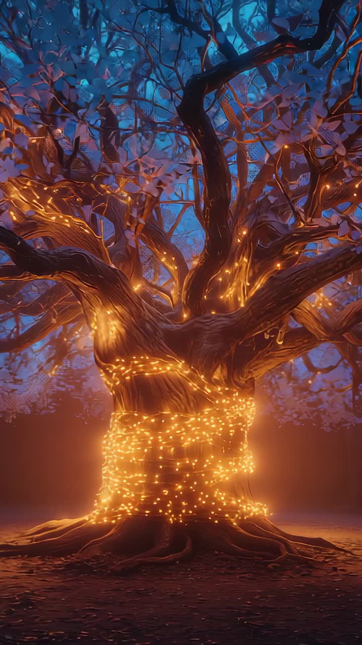 Vertical video: Panning camera in dusk forest clearing across trunk wrapped pulsing orange lights