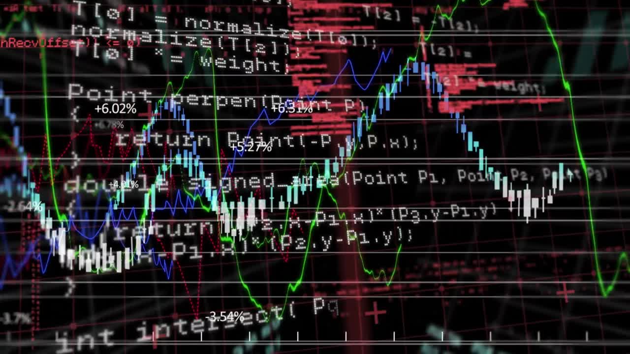 Animation of data processing and diagrams on black background