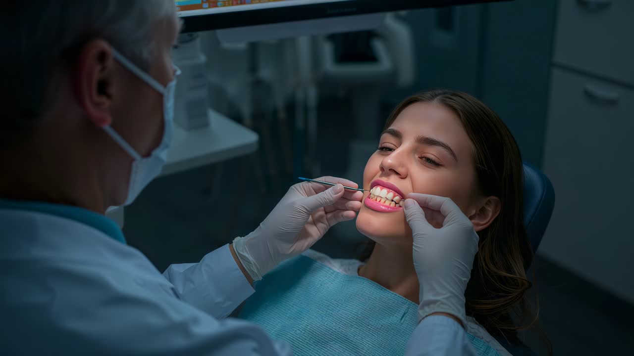 Dentista con guanti che entra in ambulatorio, tira le labbra e controlla i denti con lo specchietto per un esame, lei sorride
