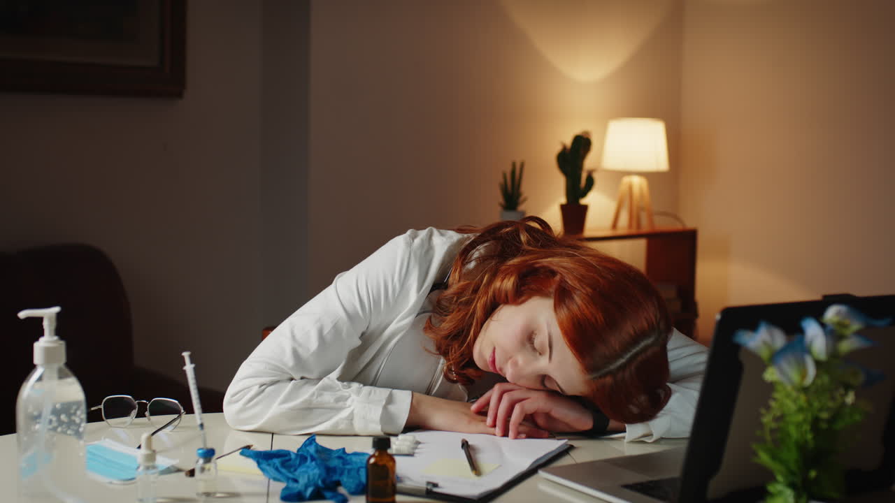 피곤 한 의사 가 머리 를 안정 시키고 있다