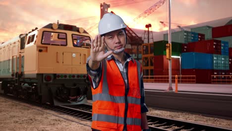 worker giving stop signal at port and railroad crossing