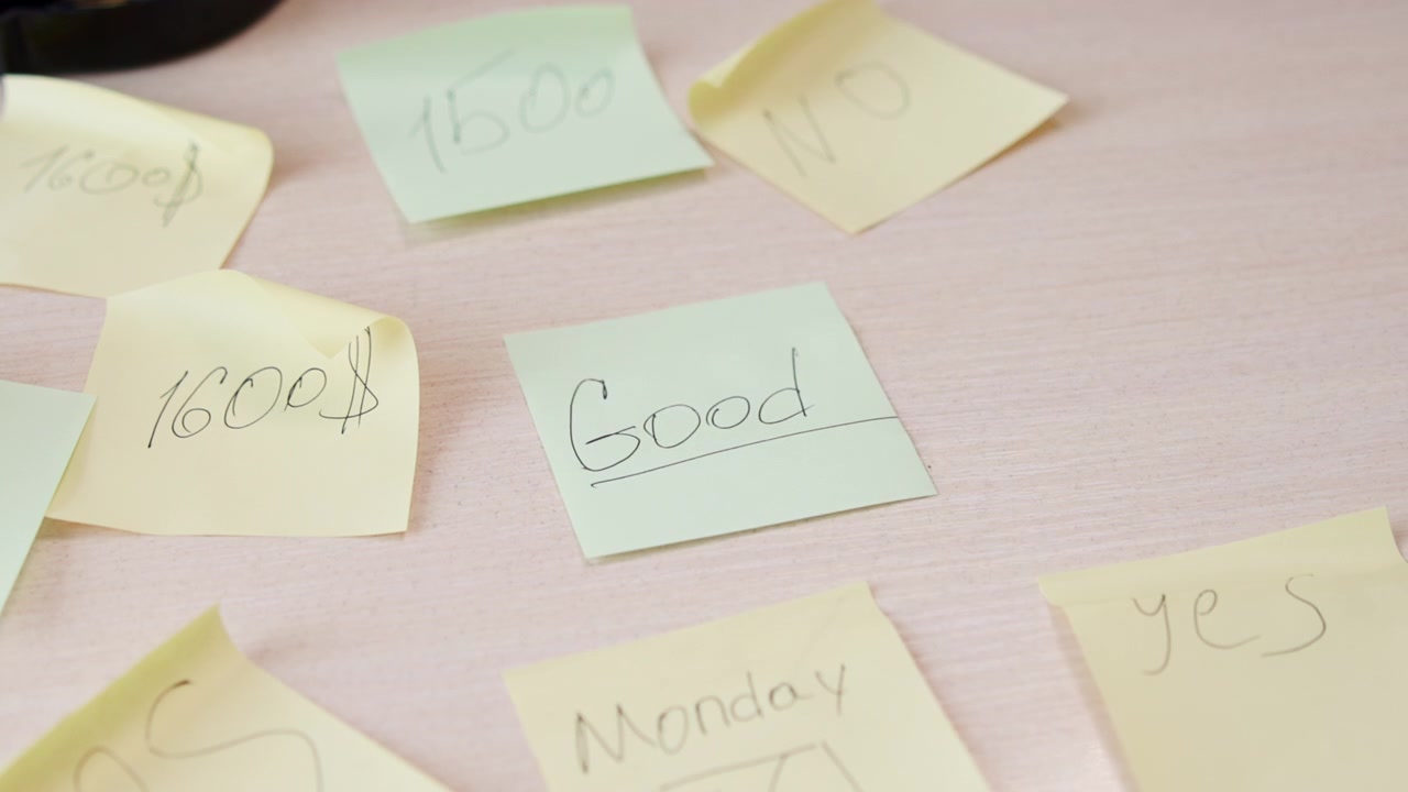Hand Arranging Sticky Notes Labeled Good On Wooden Desk, Closeup Of Planner Organizing Tasks, Scattered Yellow. Media