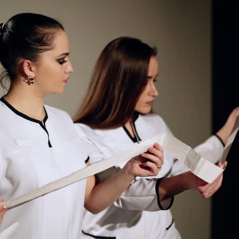 two women doctors examine a printout from an electrocardiogram. medical discussion