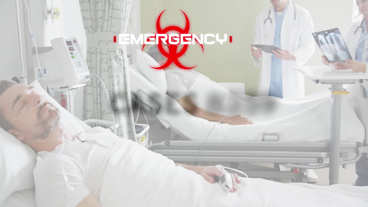 코로나바이러스 개념 텍스트와 바이오 위험 기호 병원 침대에 있는 남성 환자에 대해